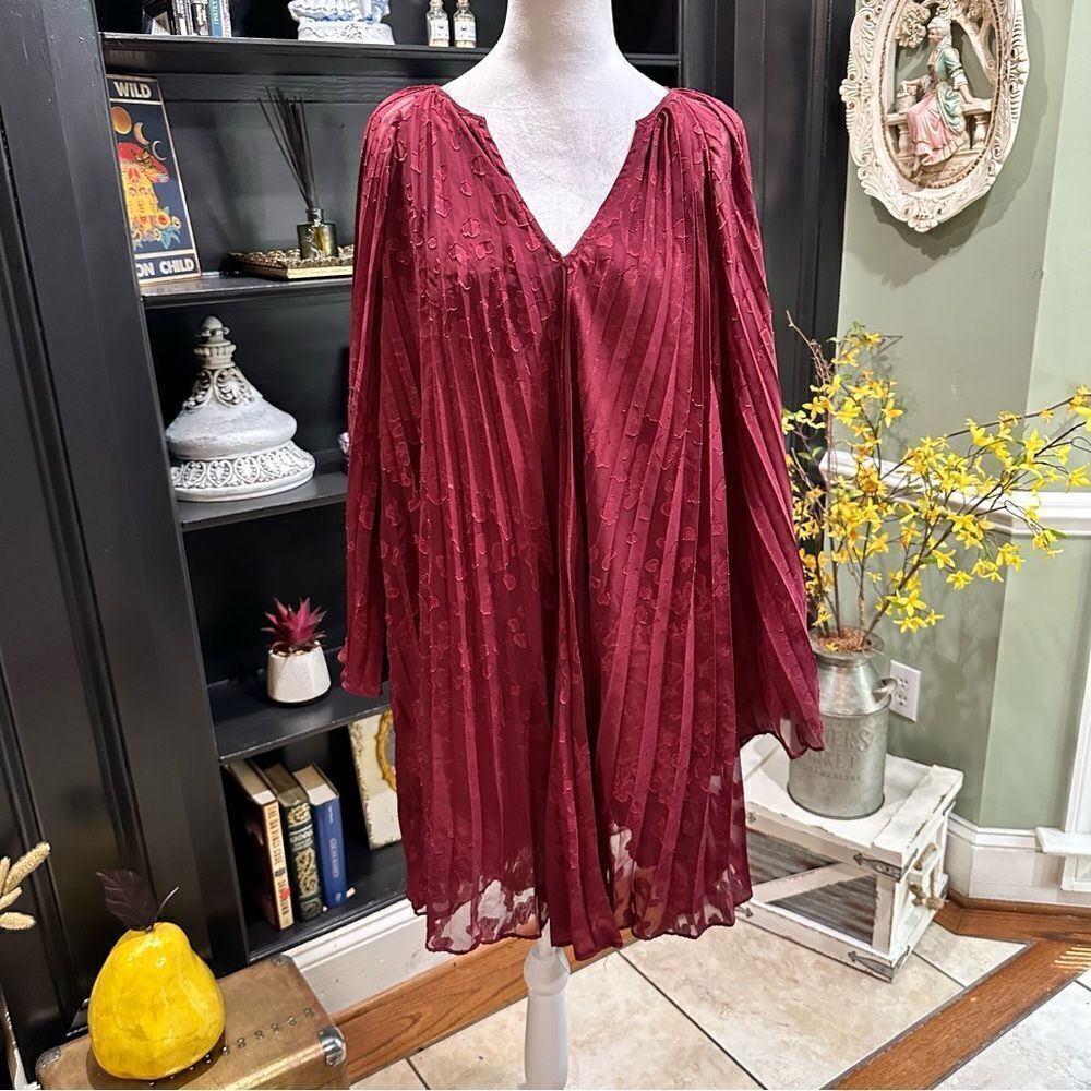 Anthropologie Toulon Pleated Burgundy Mini Dress Size M